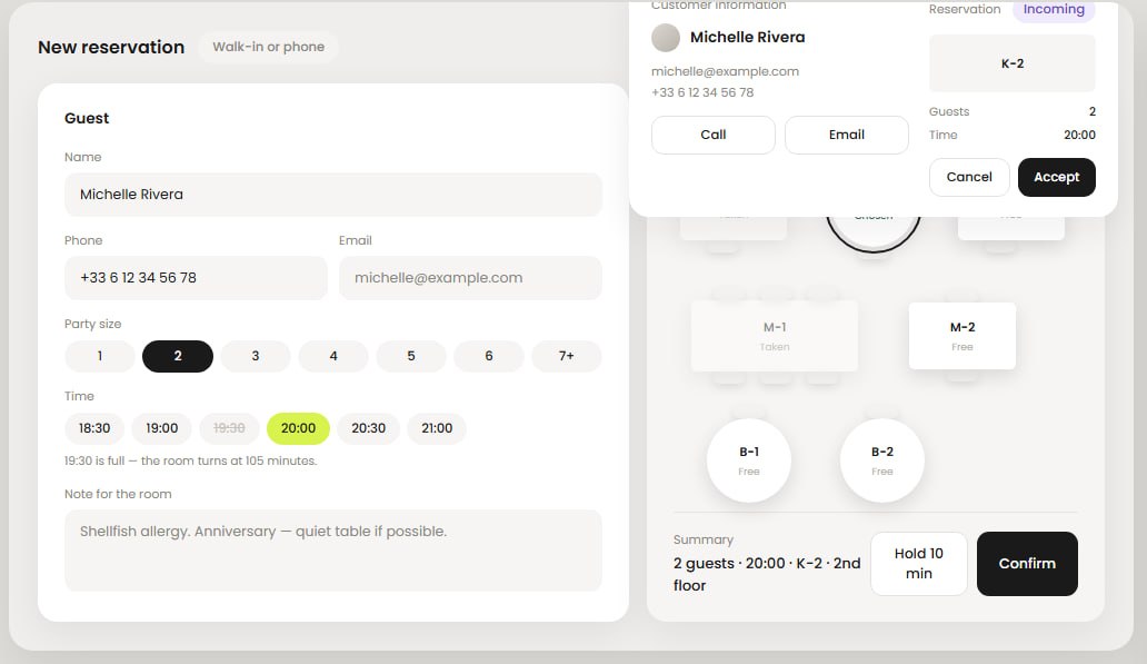 New reservation form with guest details, party size, time slots and a note for the room