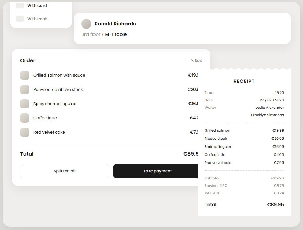 Order screen with the bill for a table and the printed receipt beside it